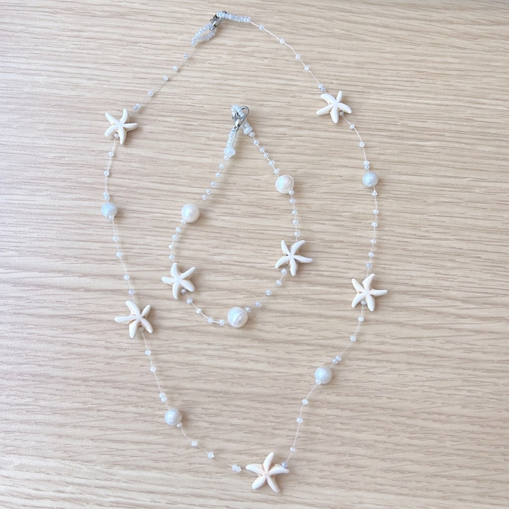 Seashell and pearl necklace and bracelet set